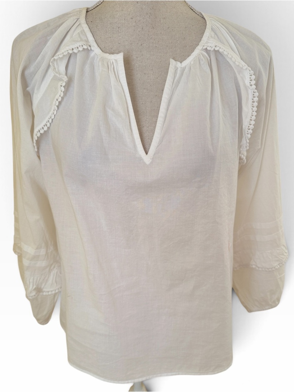 J. Crew White Ruffle Trim Pleated Sleeve Peasant Blouse XSP